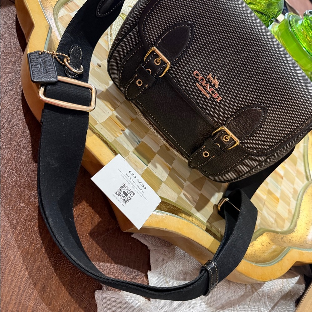 Coach Black and Gold jacquard fabric pebbled leather  trim  crossbody bag